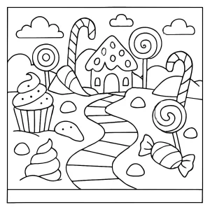 Mundo de Dulces página para colorear: dibujo imprimible de un paisaje fantástico con caramelos y golosinas
