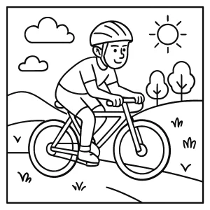 Cycling adventure coloring page with a cyclist riding a bike, free printable coloring page for kids