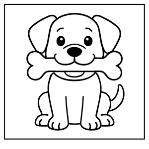 Página para colorear de un perro con hueso grande, lista para imprimir y colorear.