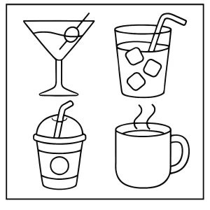 Página para colorear de bebidas con vasos y tazas diferentes para imprimir y pintar