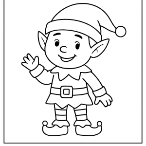 Magical elf coloring page for kids – free printable coloring page showing a cheerful elf with pointy ears and festive clothes