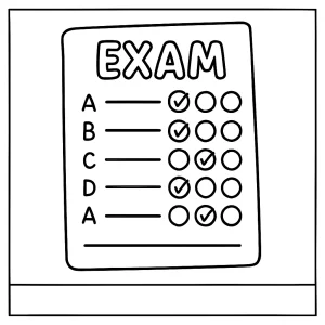 Exam paper coloring page featuring a printable test sheet and pencil for kids to color