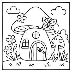 Página para colorear de una casa de hadas, dibujo imprimible para niños