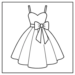 Fashion dress coloring page for free, printable activity for kids showing a stylish gown to color.