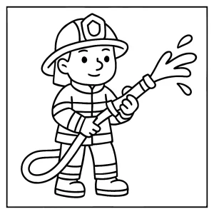 Página para colorear de bombero valiente con casco y manguera, ideal para niños y actividades educativas