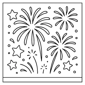 Fireworks coloring page with fireworks bursting in the sky, free printable activity for kids