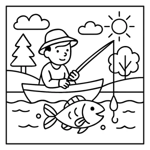 Fishing adventure coloring page for free – child fishing by a lake with fish and nature scenery