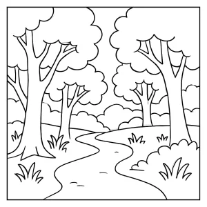 Forest path coloring page featuring a nature scene with trees, a winding path, and woodland details for kids and adults to print and color.