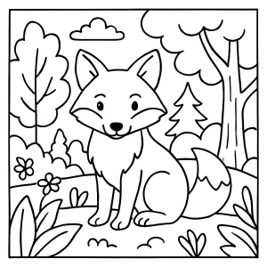 Fox in the forest coloring page – printable woodland animal scene