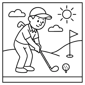 Página para colorear de golf con golfista, palo y campo para imprimir gratis