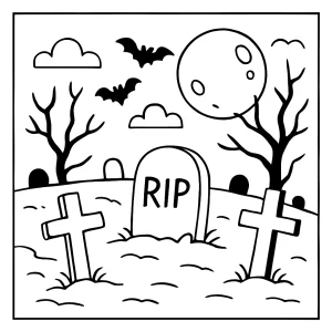 Página para colorear de cementerio misterioso con lápidas y árboles retorcidos