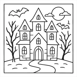 Página para colorear de una casa encantada con fantasmas y detalles de Halloween