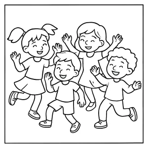 Niños bailando página para colorear imprimible y gratis