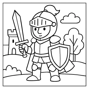 Página para colorear de caballero medieval con armadura y espada, lista para imprimir gratis
