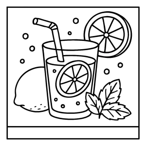 Lemonade coloring page featuring a pitcher and glasses of lemonade for kids to color