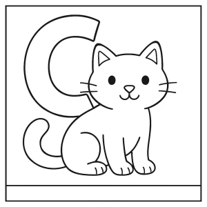 página para colorear de la letra C con un gato sentado y sonriente, ideal para niños