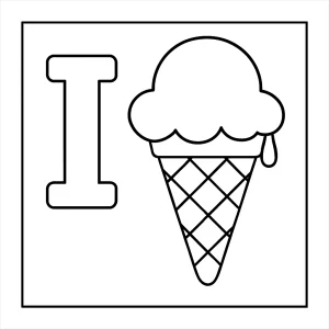 Letter I with ice cream coloring page for kids to print and color