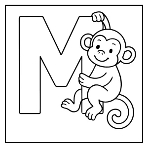 Página para colorear de la letra M con un mono simpático, imprimible y educativa para niños