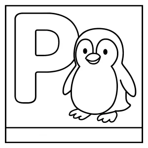 página para colorear de la letra P con un pingüino simpático para imprimir gratis