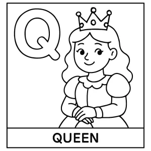 Página para colorear de la letra Q junto a una reina, ideal para niños