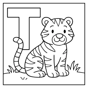 Página para colorear de la letra T con un tigre para imprimir y colorear, perfecta para niños.