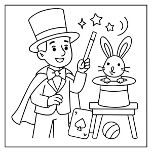 Página para colorear de un mago realizando un espectáculo de magia con sombrero y conejo
