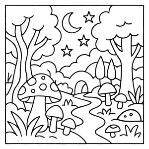 Página para colorear de bosque mágico con criaturas encantadas y árboles fantásticos para imprimir gratis