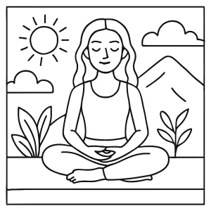 Página para colorear de una escena de meditación serena con persona sentada en posición de loto
