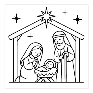 Page de coloriage de la crèche de Noël à imprimer, avec Marie, Joseph, l'Enfant Jésus et des animaux.