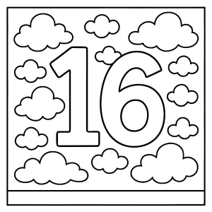 Página para colorear de 16 nubes con el número 16 para niños