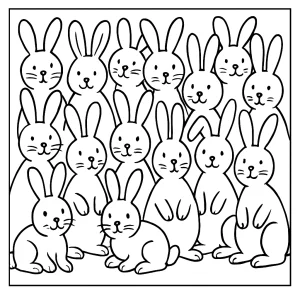 Página para colorear de 17 conejos saltando y jugando, imprimible gratis para niños