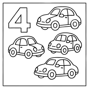 Página para colorear de 4 autos veloces para niños, imprimible y gratuita