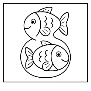 Number 8 fish coloring page for kids, free printable coloring page featuring eight fish in the shape of the number 8.