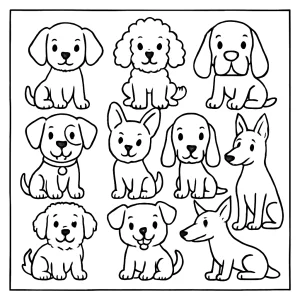 Nine dogs coloring page for kids to print and color for free