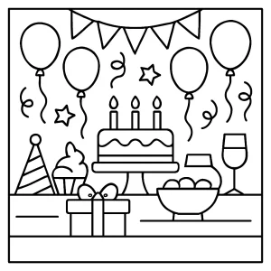 Mesa de fiesta página para colorear con pasteles, globos y regalos para imprimir