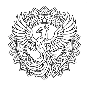 Página para colorear de mandala de fénix, imprimible gratis para niños y adultos