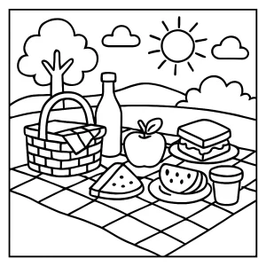 Página para colorear de picnic gratis con niños, comida y naturaleza para imprimir