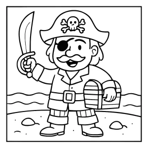 Página para colorear de pirata con sombrero, espada y loro para imprimir gratis
