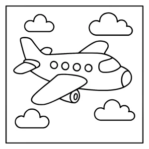 Página para colorear de un avión volando entre nubes, para imprimir y colorear gratis