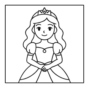 Página para colorear de una princesa mágica con vestido y corona para imprimir y pintar.