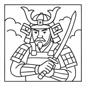 Samurai warrior coloring page – printable activity for kids featuring a samurai in traditional armor.
