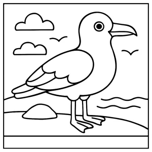 Página para colorear de una gaviota volando sobre el mar, lista para imprimir y colorear.