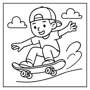 Página para colorear de skateboarding mostrando a un niño en patineta lista para imprimir y pintar