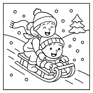 Página para colorear de niños deslizándose en trineo por la nieve, lista para imprimir y colorear.