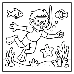 Snorkeling página para colorear de un niño buceando en el mar con peces y corales