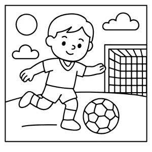 Página para colorear de fútbol con jugadores, balón y portería para imprimir