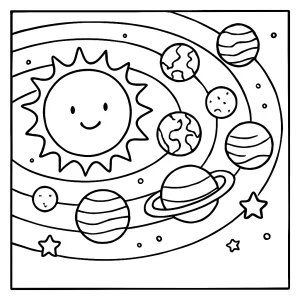 Solar system coloring page for kids showing all planets orbiting the sun, free printable activity