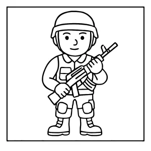 Página para colorear de un soldado con uniforme y casco, lista para imprimir y pintar