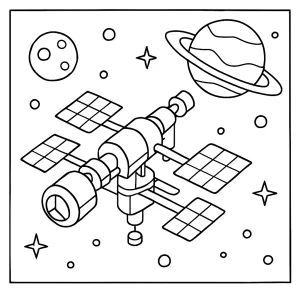 Estación espacial página para colorear gratis para imprimir, ideal para niños
