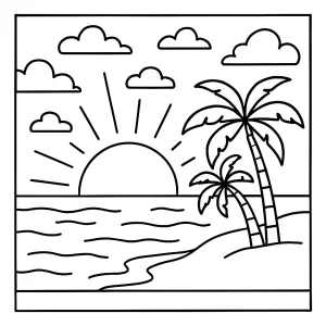 Sunset coloring page with sun, clouds, and landscape for kids to color